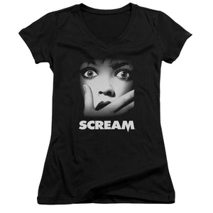 Scream Poster Junior Sheer Cap Sleeve V Neck Womens T Shirt Black