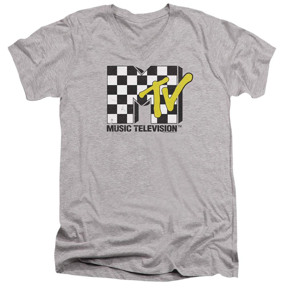 Mtv Checker Board Logo Mens Slim Fit V-Neck T Shirt Athletic Heather Officially Licensed
