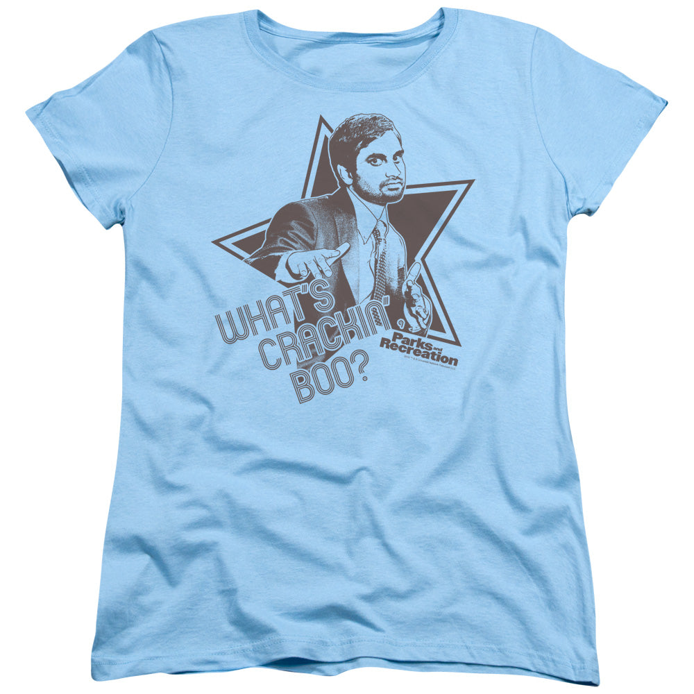Parks And Rec Whats Crackin Boo Womens T Shirt Light Blue