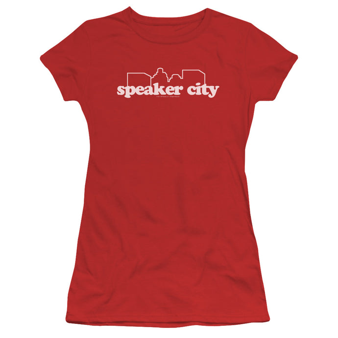 Old School Speaker City Logo Junior Sheer Cap Sleeve Womens T Shirt Red