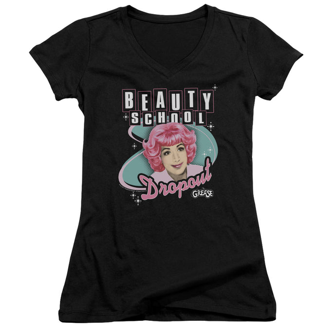 Grease Beauty School Dropout Junior Sheer Cap Sleeve V-Neck Womens T Shirt Black