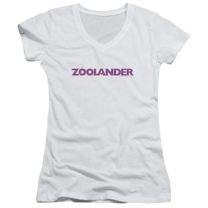 Zoolander Logo Junior Sheer Cap Sleeve V Neck Womens T Shirt White