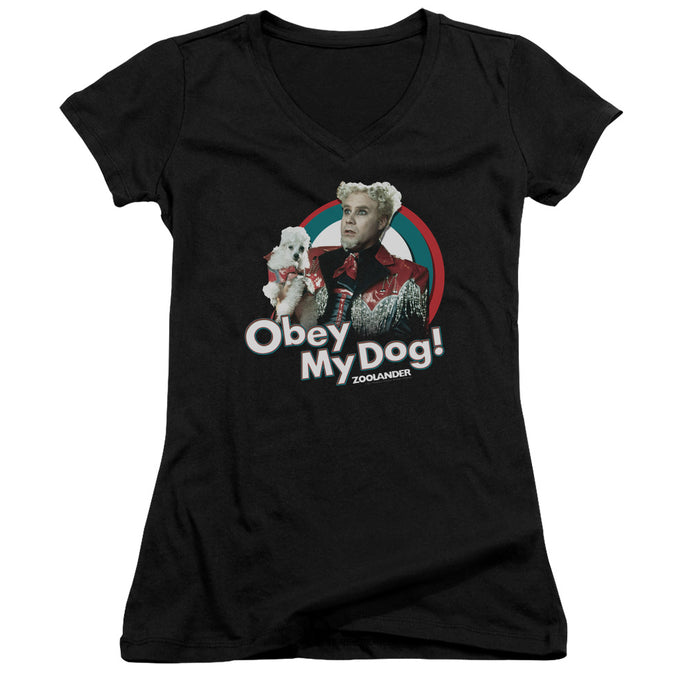 Zoolander Obey My Dog Junior Sheer Cap Sleeve V Neck Womens T Shirt Black