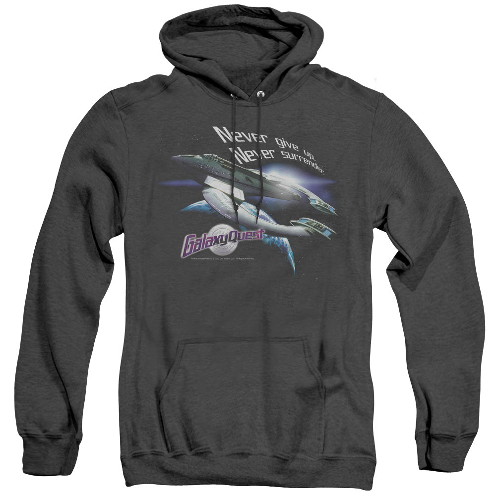 Galaxy Quest Never Surrender Mens Heather Hoodie Black Officially Licensed