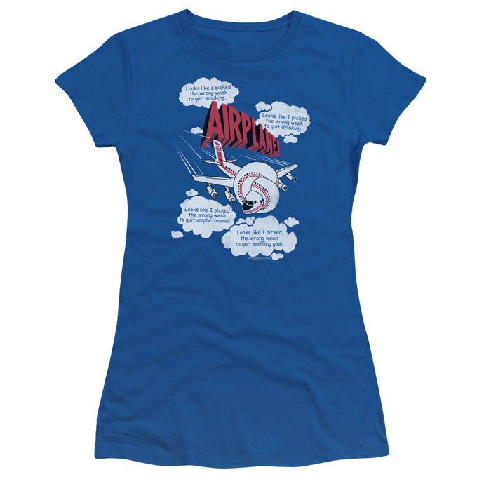 Airplane! Picked The Wrong Day Junior Sheer Cap Sleeve Womens T Shirt Royal Blue