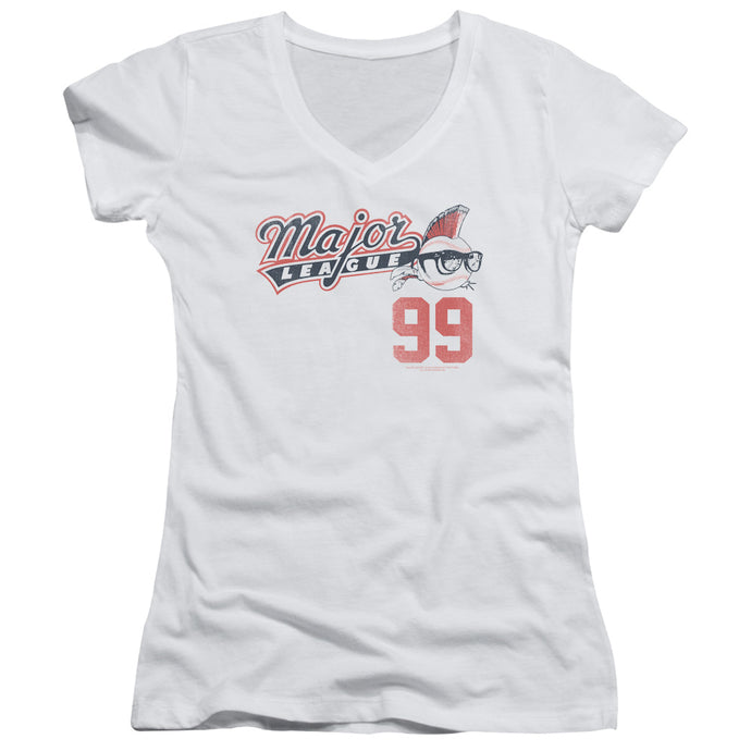 Major League 99 Junior Sheer Cap Sleeve V-Neck Womens T Shirt White