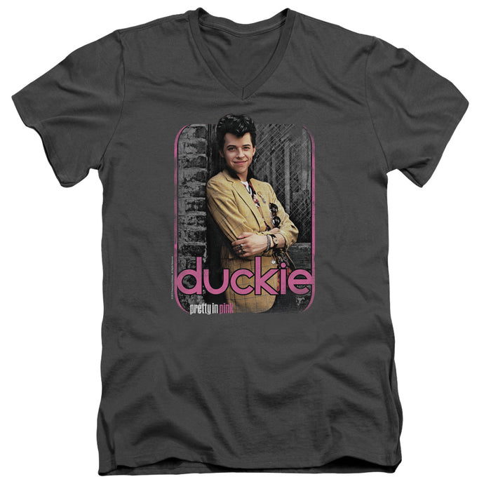 Pretty In Pink Just Duckie Mens Slim Fit V-Neck T Shirt Charcoal