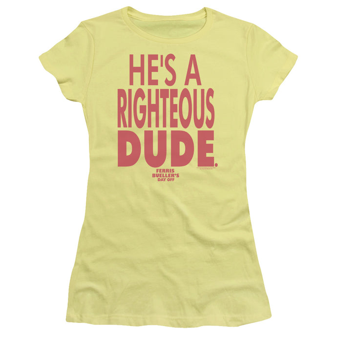 Ferris Buellers Day Off Righteous Dude Junior Sheer Cap Sleeve Womens T Shirt Yellow