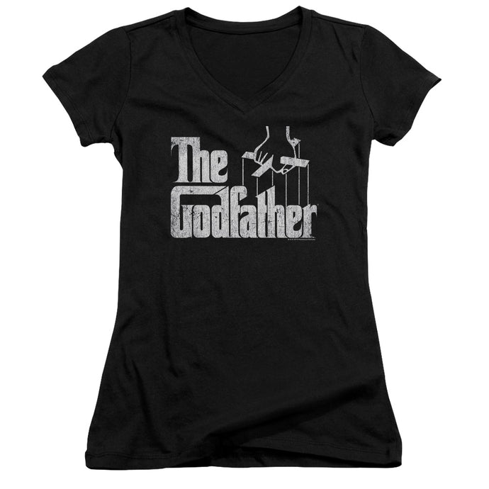 The Godfather Logo Junior Sheer Cap Sleeve V-Neck Womens T Shirt Black