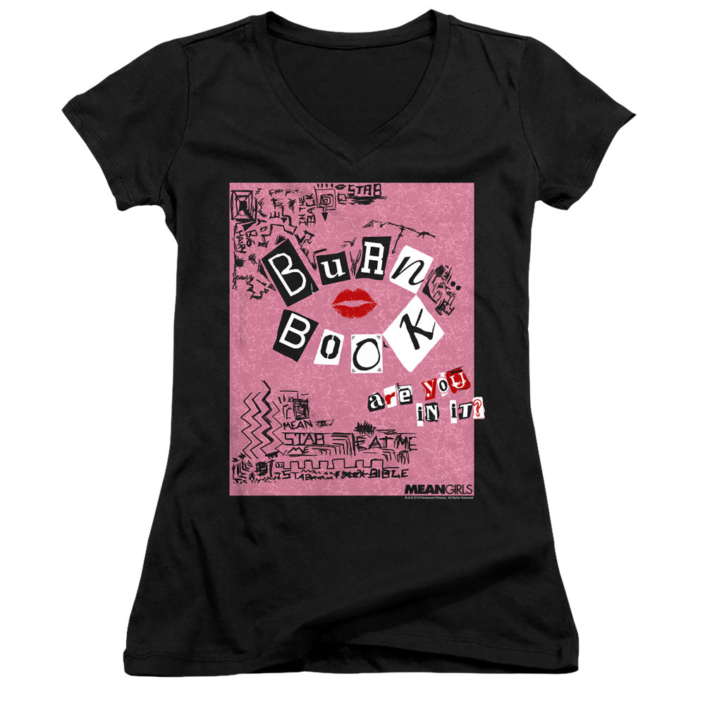 Mean Girls Burn Book Junior Sheer Cap Sleeve V-Neck Womens T Shirt Black