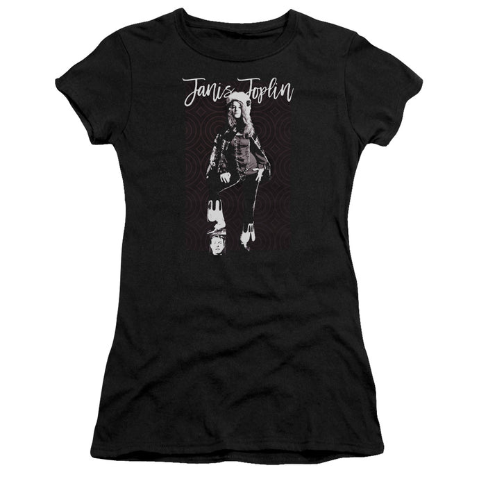 Janis Joplin Minimal J Junior Sheer Cap Sleeve Premium Bella Canvas Womens T Shirt Black