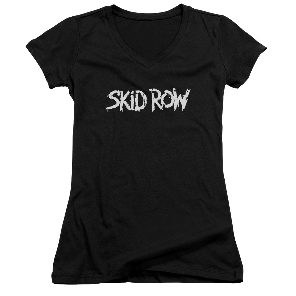 Skid Row Logo Junior Sheer Cap Sleeve V-Neck Womens T Shirt Black
