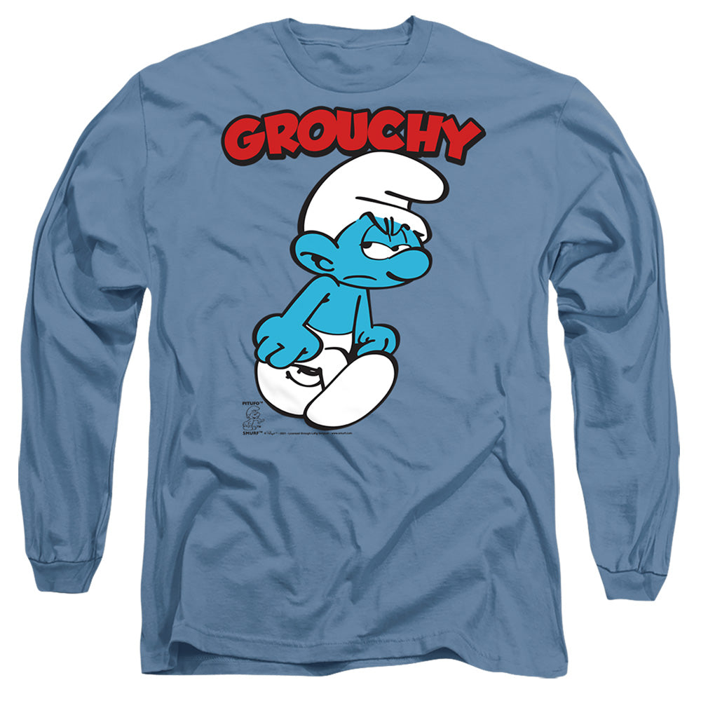 Smurfs Grouchy Mens Long Sleeve Shirt Carolina Blue Officially Licensed