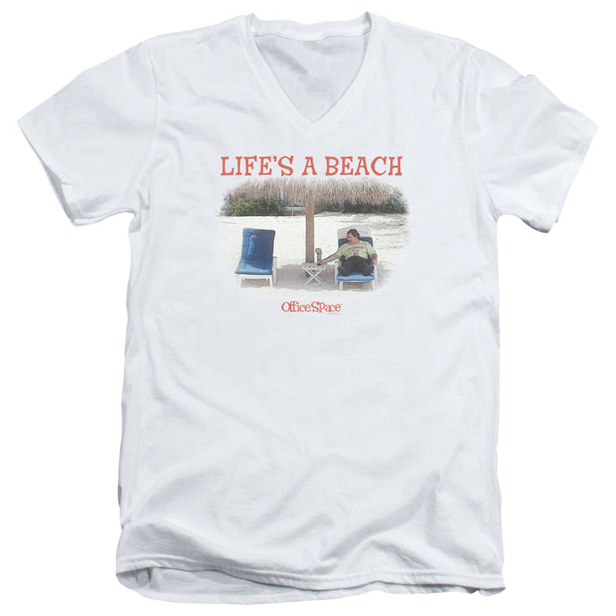 Office Space Lifes A Beach Mens Slim Fit V-Neck T Shirt White