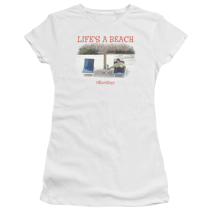 Office Space Lifes A Beach Junior Sheer Cap Sleeve Womens T Shirt White