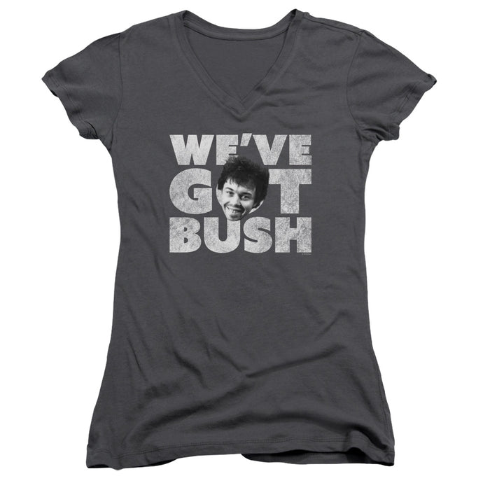 Revenge Of The Nerds Weve Got Bush Junior Sheer Cap Sleeve V-Neck Womens T Shirt Charcoal