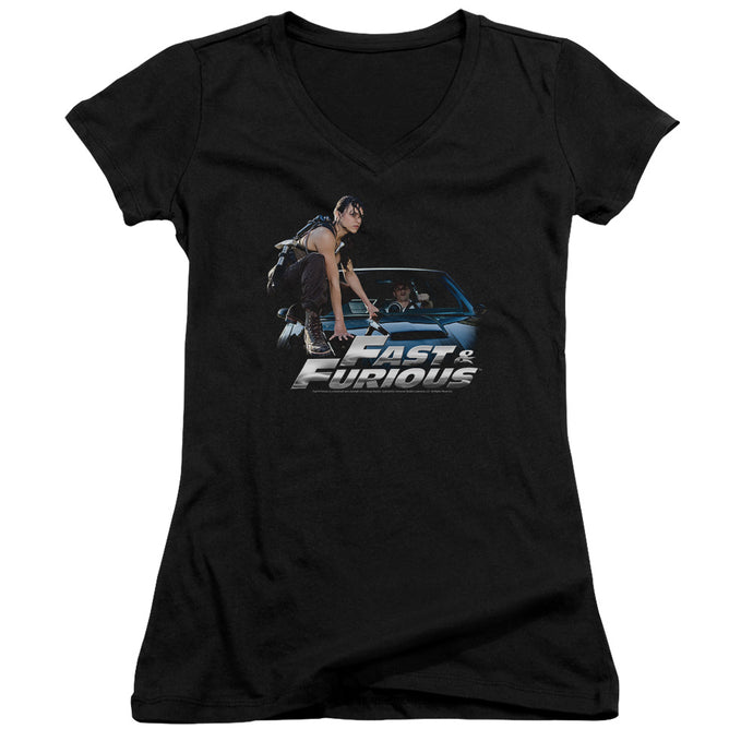 Fast And The Furious Car Ride Junior Sheer Cap Sleeve V-Neck Womens T Shirt Black