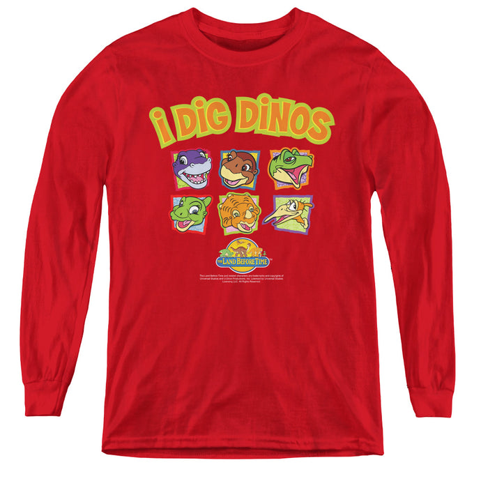 The Land Before Time I Dig Dinos Long Sleeve Kids Youth T Shirt Red