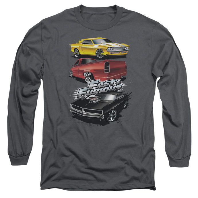 Fast And The Furious Muscle Car Splatter Mens Long Sleeve Shirt Charcoal