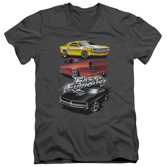 Fast And The Furious Muscle Car Splatter Mens Slim Fit V-Neck T Shirt Charcoal