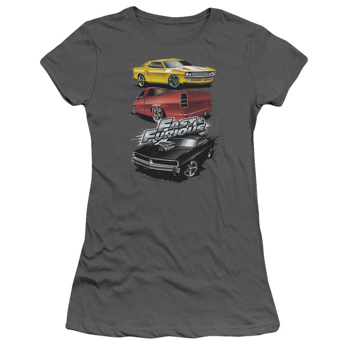 Fast And The Furious Muscle Car Splatter Junior Sheer Cap Sleeve Womens T Shirt Charcoal