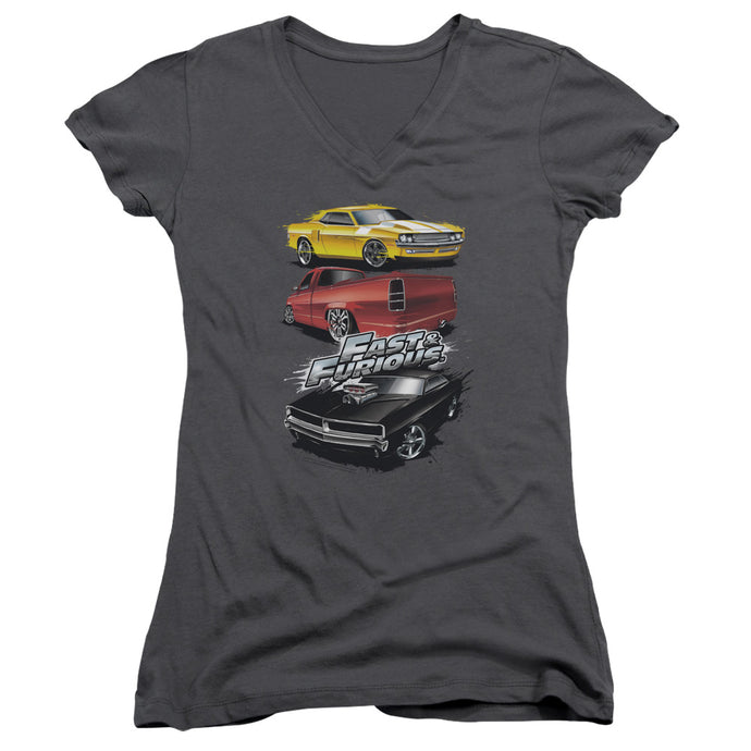 Fast And The Furious Muscle Car Splatter Junior Sheer Cap Sleeve V-Neck Womens T Shirt Charcoal