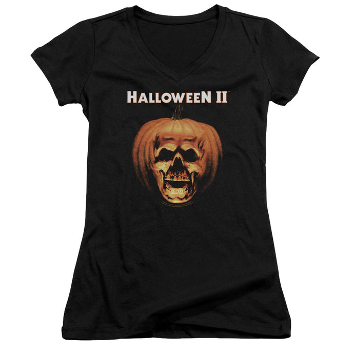 Halloween II Pumpkin Shell Junior Sheer Cap Sleeve V-Neck Womens T Shirt Black