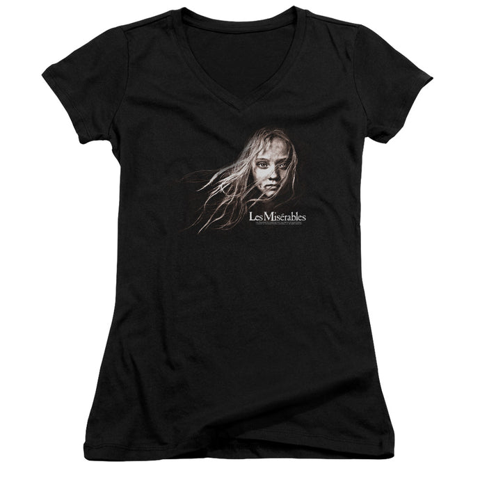 Les Miserables Cosette Face Junior Sheer Cap Sleeve V-Neck Womens T Shirt Black