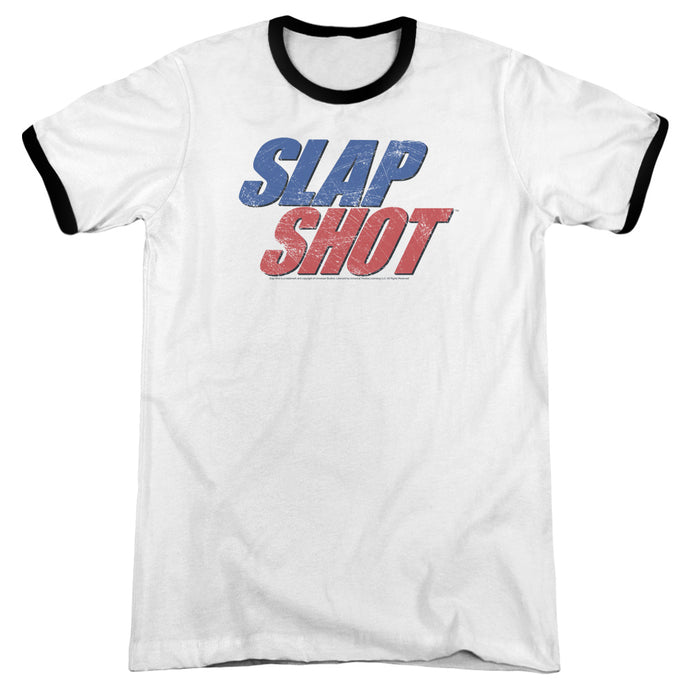 Slap Shot Blue And Red Logo Heather Ringer Mens T Shirt White