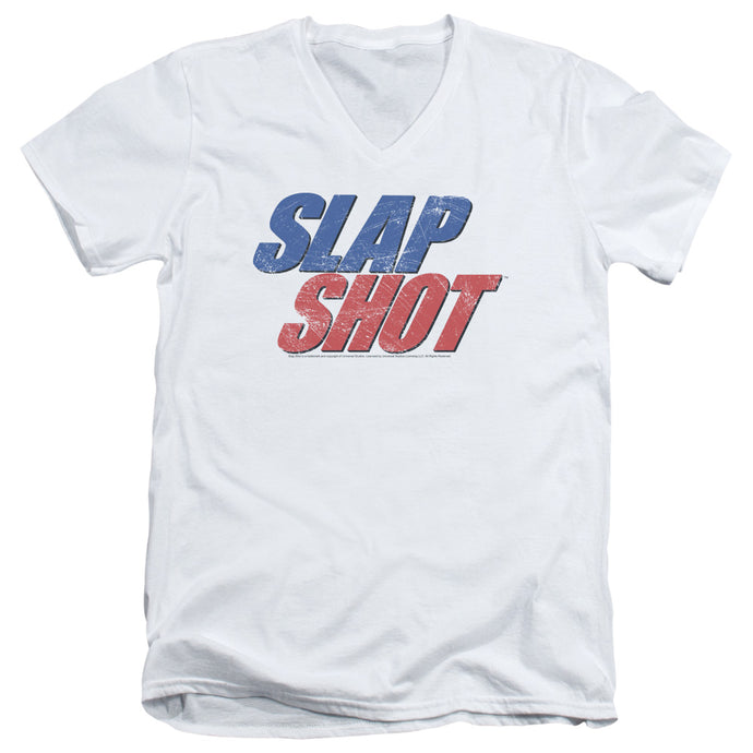 Slap Shot Blue And Red Logo Mens Slim Fit V-Neck T Shirt White