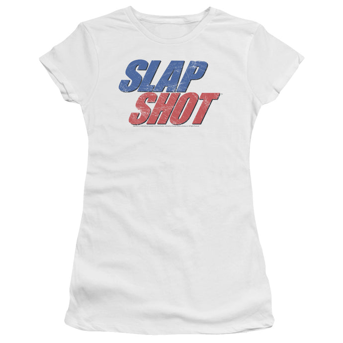 Slap Shot Blue And Red Logo Junior Sheer Cap Sleeve Womens T Shirt White