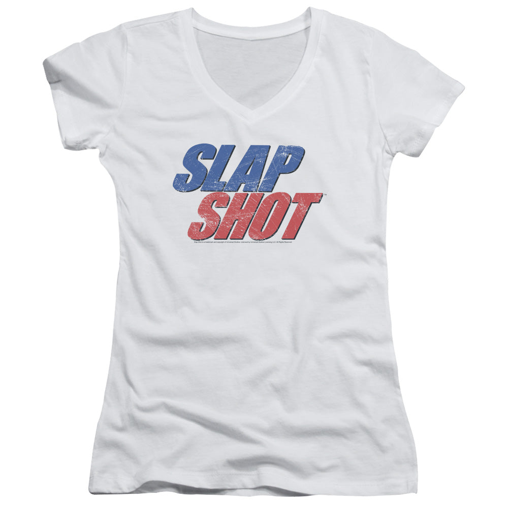 Slap Shot Blue And Red Logo Junior Sheer Cap Sleeve V-Neck Womens T Shirt White