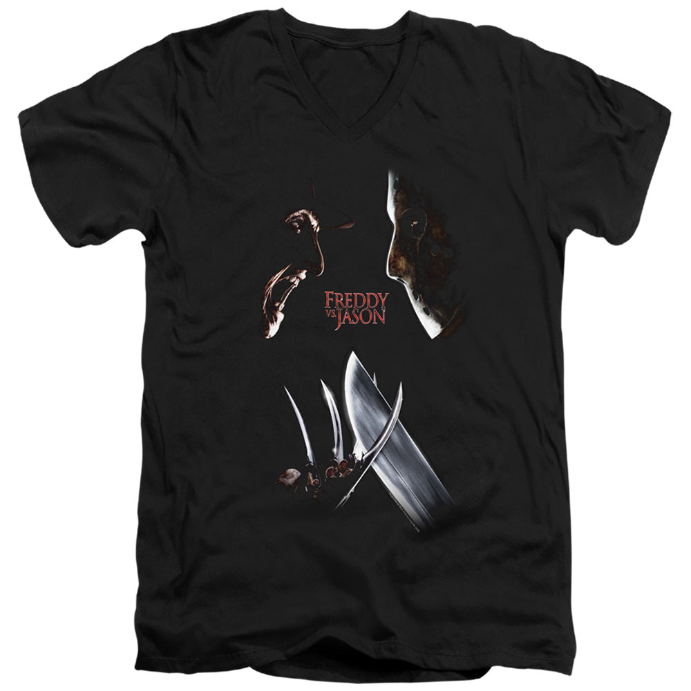 Freddy Vs Jason Face Off Mens Slim Fit V-Neck T Shirt Black