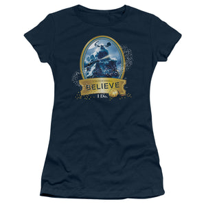 The Polar Express True Believer Junior Sheer Cap Sleeve Womens T Shirt Navy Blue