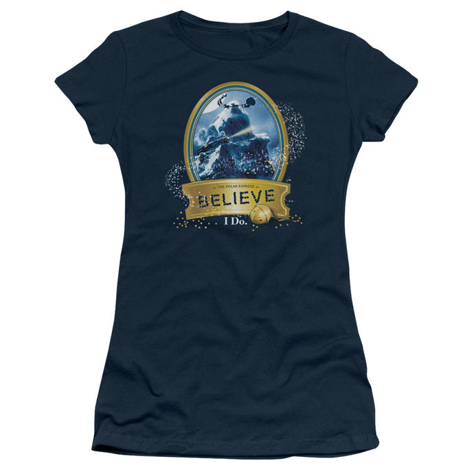 The Polar Express True Believer Junior Sheer Cap Sleeve Womens T Shirt Navy Blue