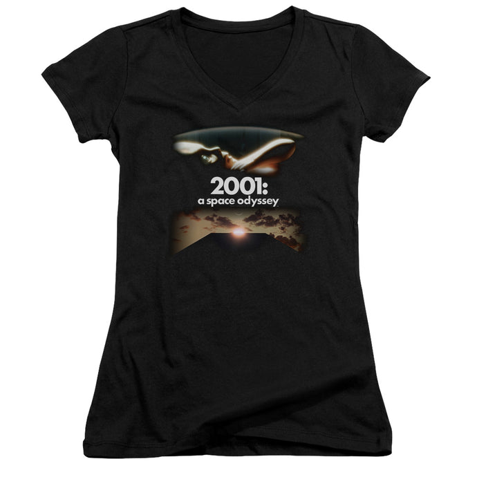 2001 A Space Odyssey Prologue Epilogue Junior Sheer Cap Sleeve V-Neck Womens T Shirt Black