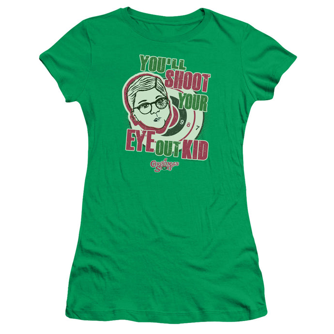 A Christmas Story You'll Shoot Your Eye Out Junior Sheer Cap Sleeve Womens T Shirt Kelly Green