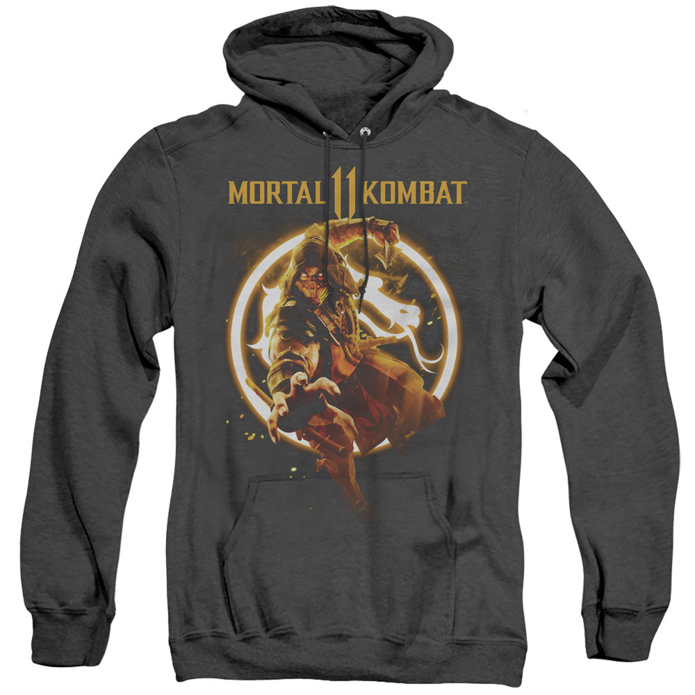 Mortal Kombat 11 Scorpion Flames Mens Heather Hoodie Black Officially Licensed