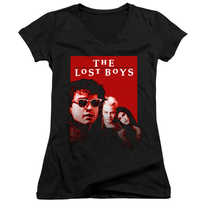The Lost Boys Michael David Star Junior Sheer Cap Sleeve V-Neck Womens T Shirt Black