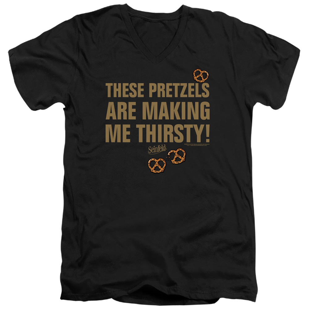 Seinfeld Pretzels Thirsty Mens Slim Fit V-Neck T Shirt Black Officially Licensed