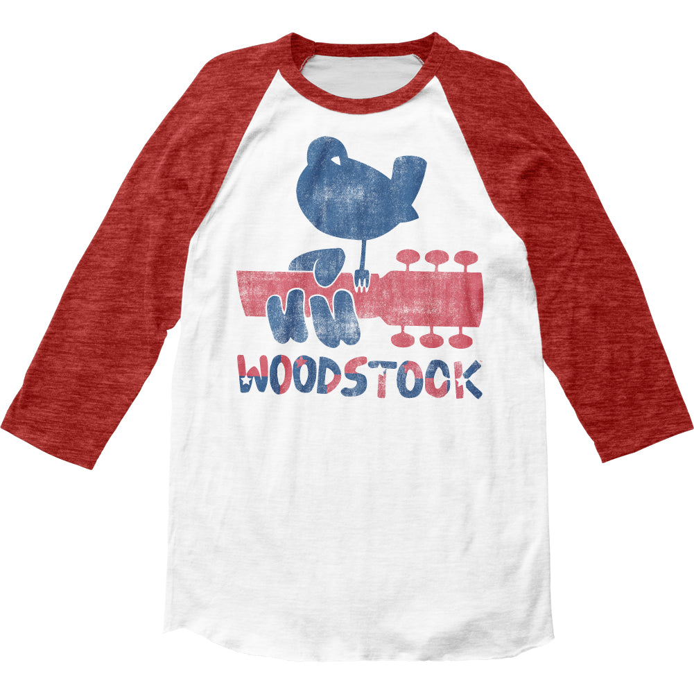 Woodstock Dove & Guitar Mens Raglan Baseball T Shirt White Red
