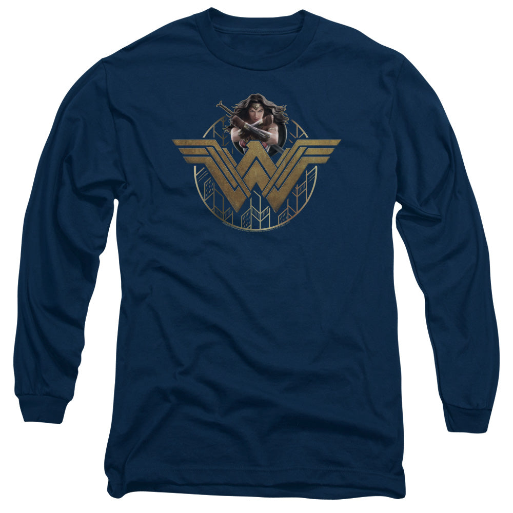 Wonder Woman Movie Power Stance And Emblem Mens Long Sleeve Shirt Navy Blue