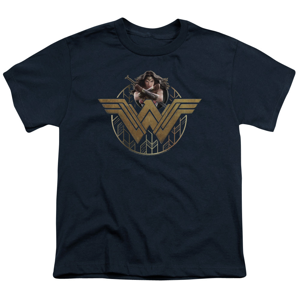 Wonder Woman Movie Power Stance And Emblem Kids Youth T Shirt Navy Blue