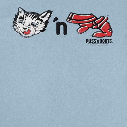 Puss n Boots Retro Cat Food and Boots Mens T Shirt Light Blue Officially Licensed