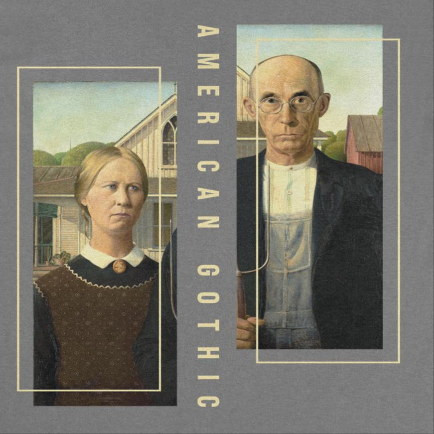 Classic Paintings American Gothic Grant Wood Mens T Shirt Charcoal Officially Licensed