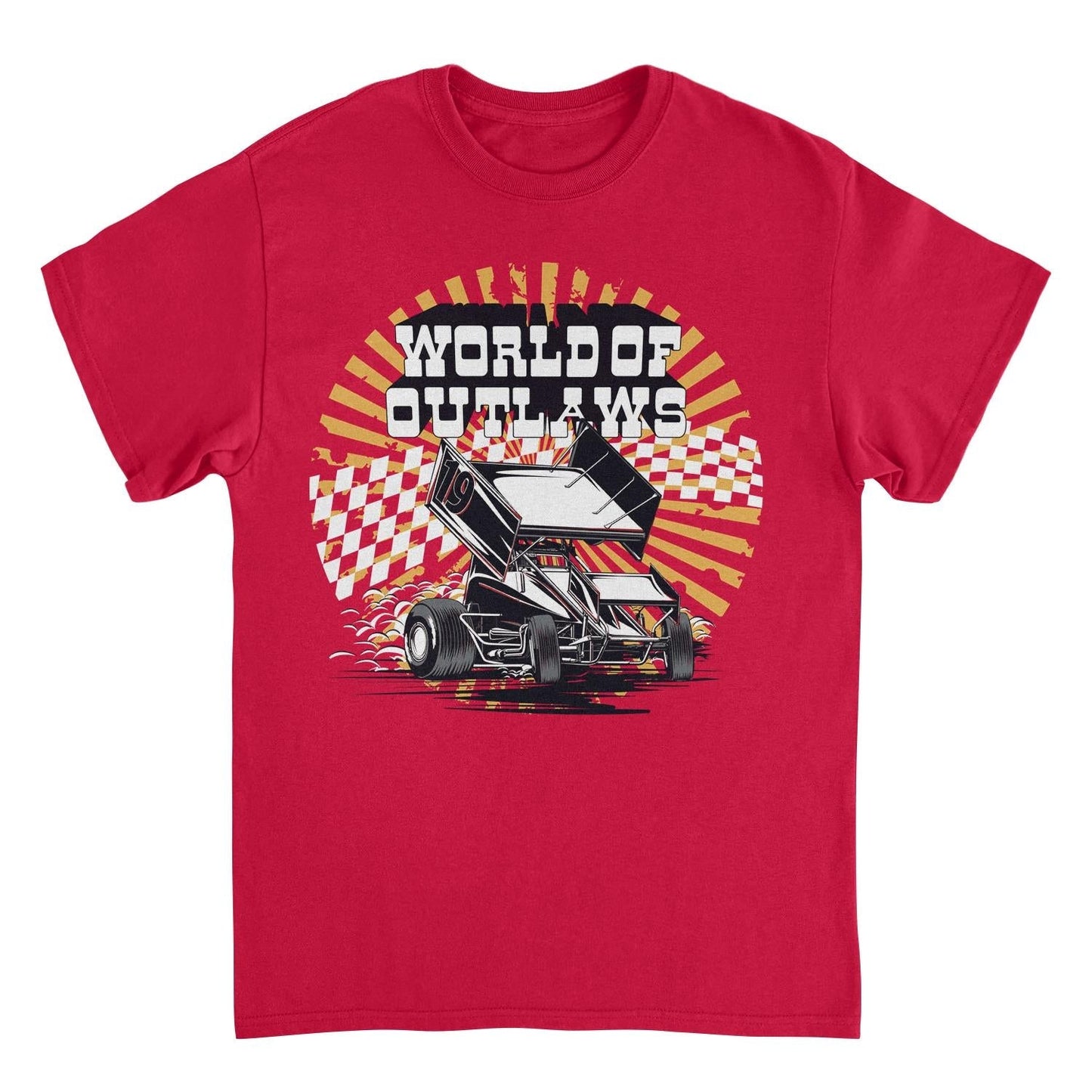 World of Outlaws Yellow Starburst Mens T Shirt Red Officially Licensed