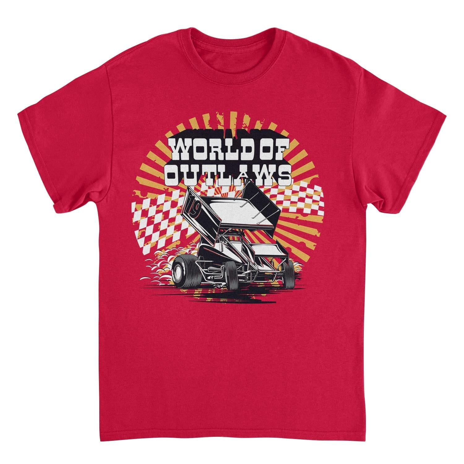 World of Outlaws Yellow Starburst Mens T Shirt Red Officially Licensed