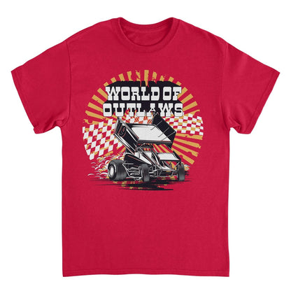 World of Outlaws Yellow Starburst Mens T Shirt Red Officially Licensed