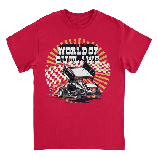 World of Outlaws Yellow Starburst Mens T Shirt Red Officially Licensed