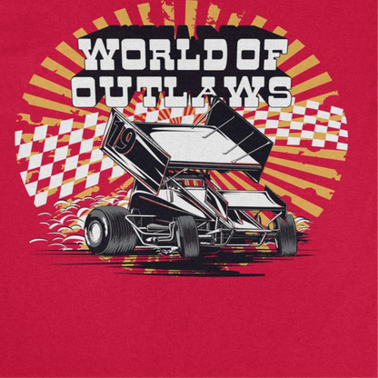 World of Outlaws Yellow Starburst Mens T Shirt Red Officially Licensed